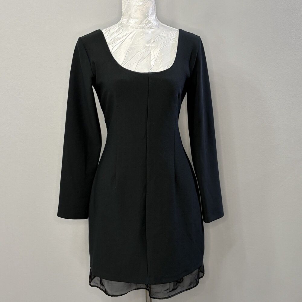 Abercrombie Black Open Back Mini Dress Medium Petite MP Mesh Long Sleeve Goth